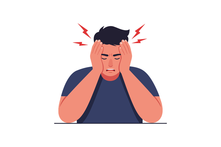 Frustrated man holding his head in pain with a minimal flat