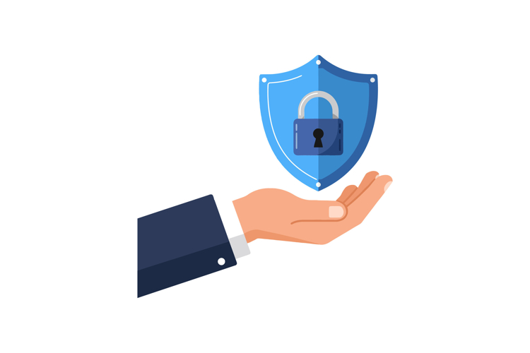 Hand holding a blue shield with a lock symbol in a flat desi