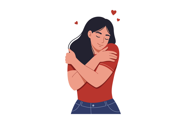 A woman embracing herself with a joyful expression in flat v