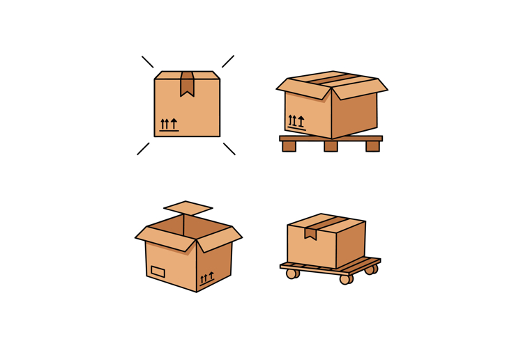 Various cardboard boxes in flat design showcasing different