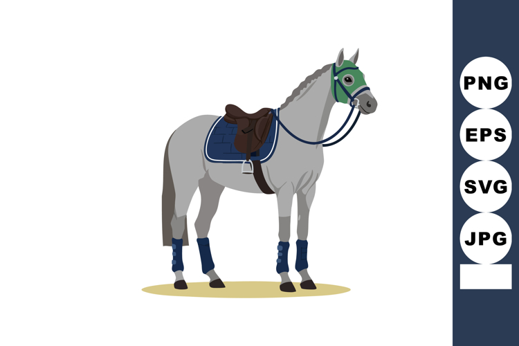 Gray Horse with Blue Riding Gear and Saddle Standing Still V