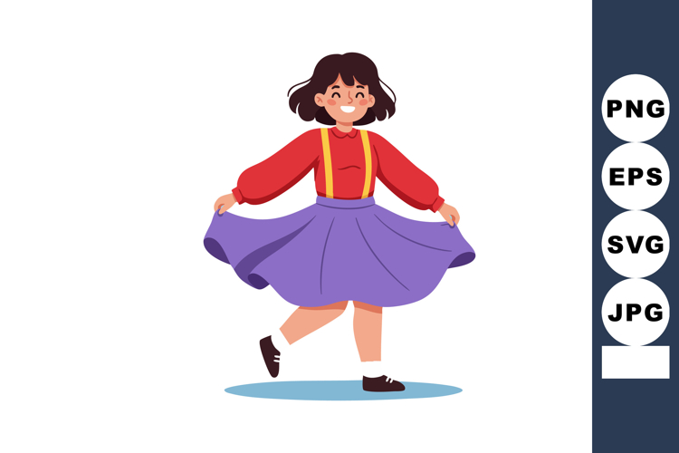 Happy girl twirling purple skirt with red blouse and yellow