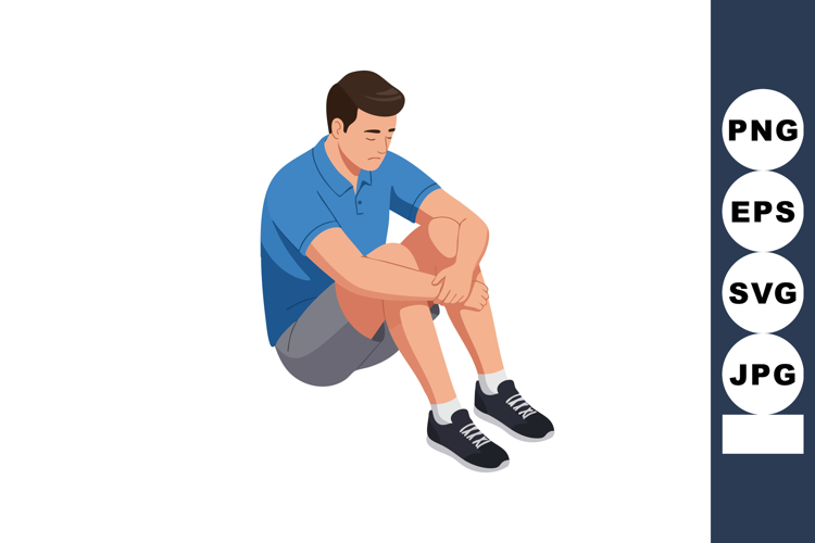Young man sitting on floor with sad expression wearing blue