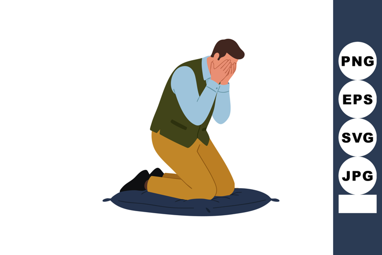 Man kneeling on cushion with hands covering face expressing