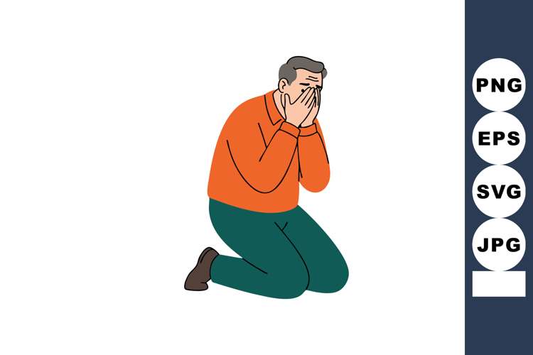 Man kneeling with hands covering face emotional distress vec
