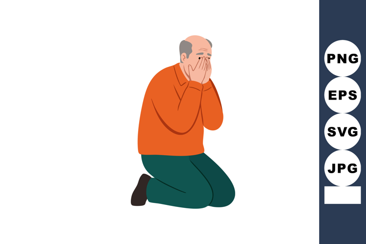 Sad elderly man kneeling and covering face with hands expres
