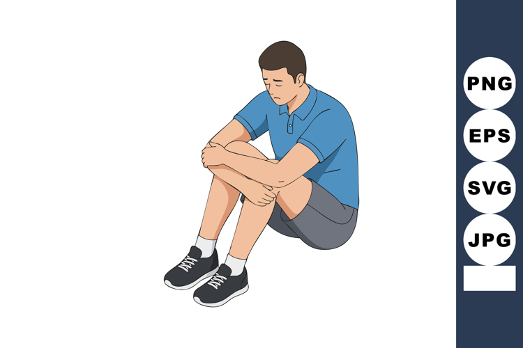 Sad young man sitting on floor in blue shirt and gray shorts