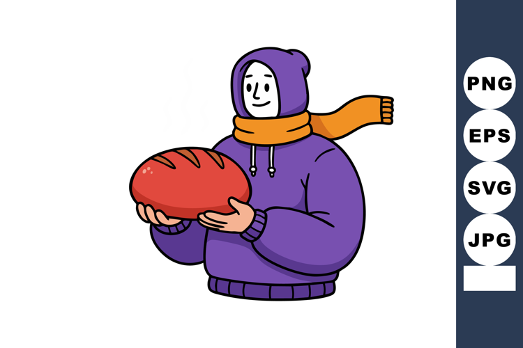 Person in purple hoodie holding fresh bread loaf with orange