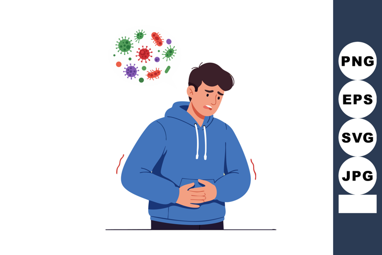 Man suffering from stomach ache and virus infection symptoms