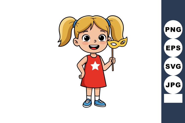 Little girl holding yellow mask wearing red dress and blue s