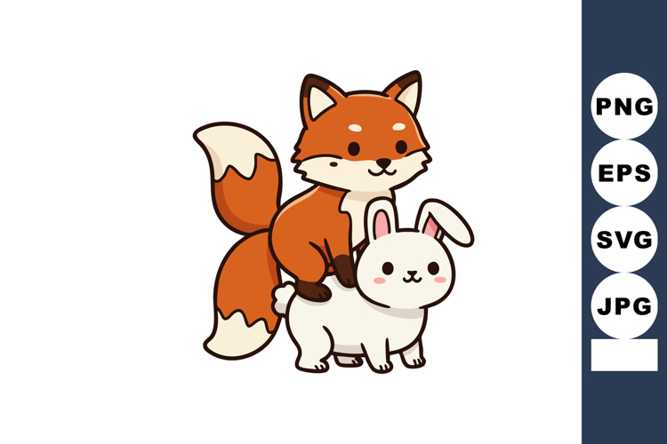 Cute fox riding white bunny cartoon animal friendship vector example image 1