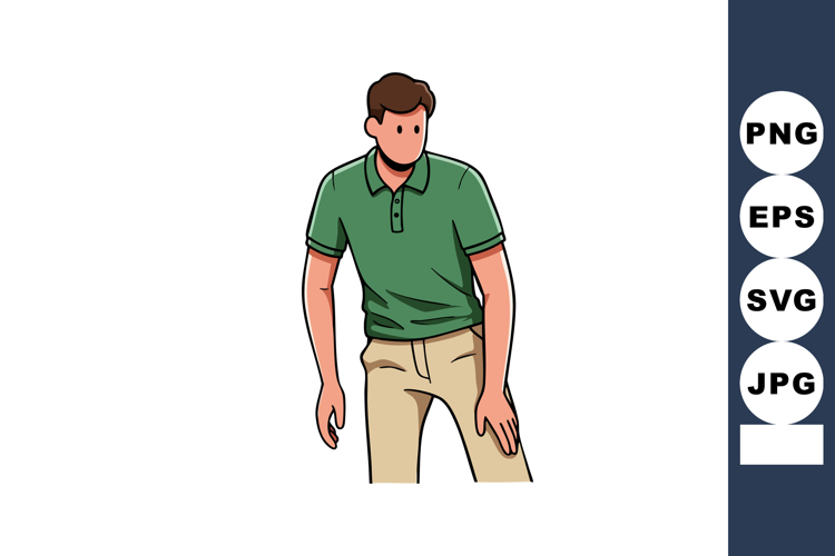 Young man in green polo shirt and beige pants casual standin