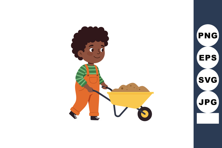 Child pushing wheelbarrow with soil in orange overalls and g
