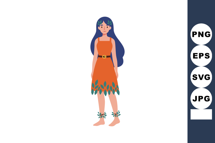 Woman with long blue hair wearing orange dress decorated wit
