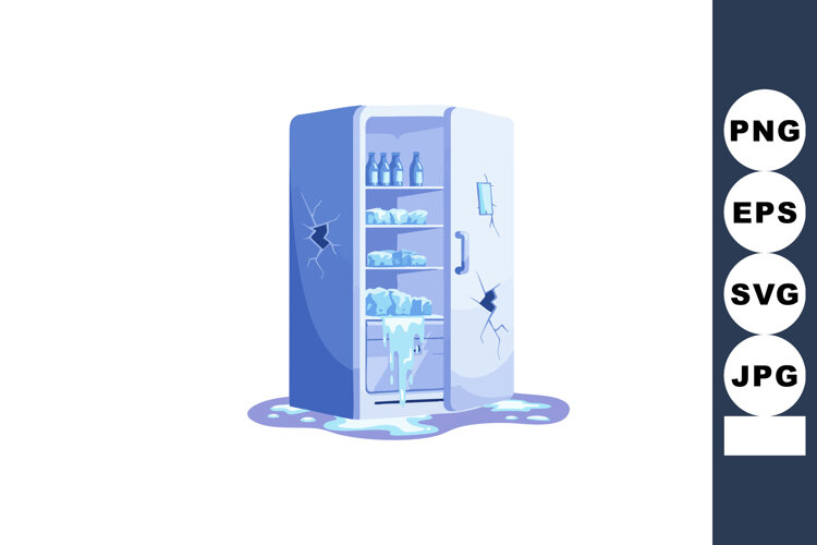 Broken Refrigerator with Melting Ice and Bottles in Blue Sha example image 1