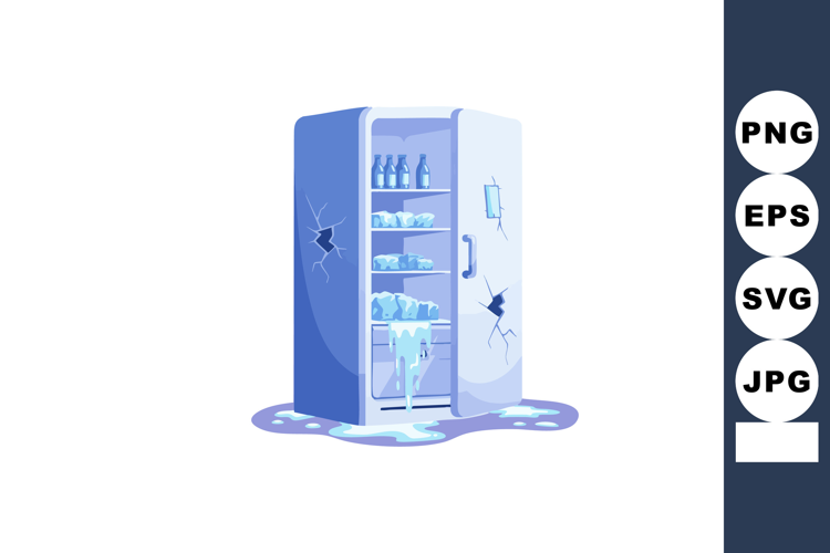 Broken Refrigerator with Melting Ice and Bottles in Blue Sha