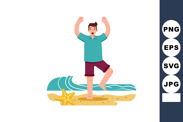 Man balancing on one leg at beach with starfish and ocean wa