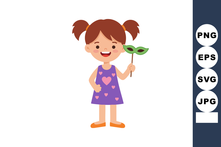 Little girl holding green masquerade mask in purple dress wi