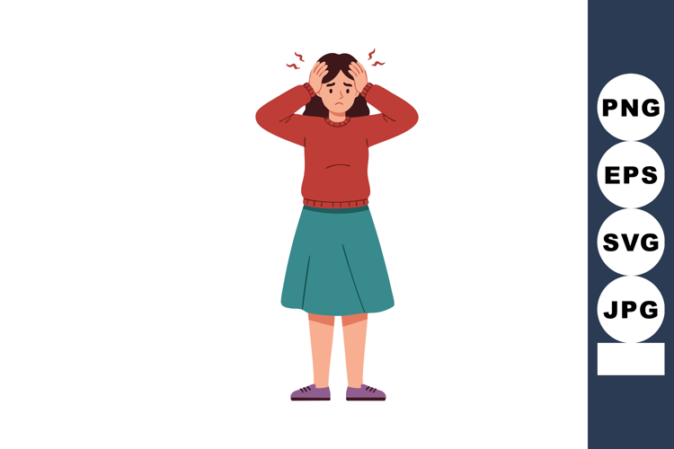 Woman with headache holding head in pain stress and discomfo