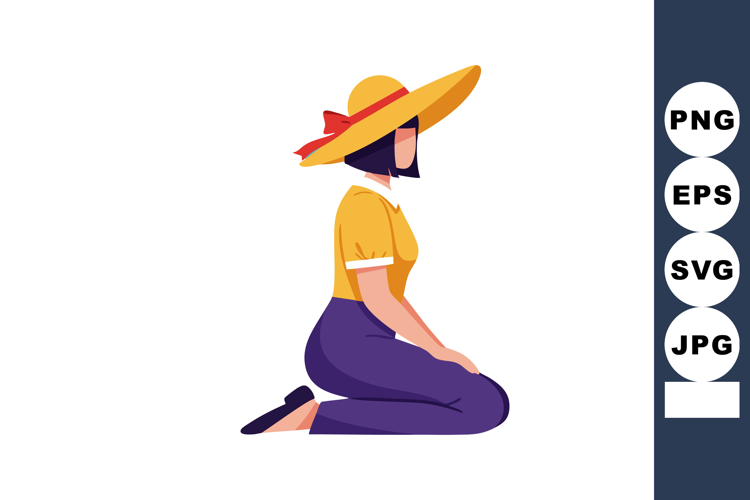 Woman in yellow blouse and large hat kneeling in profile vec