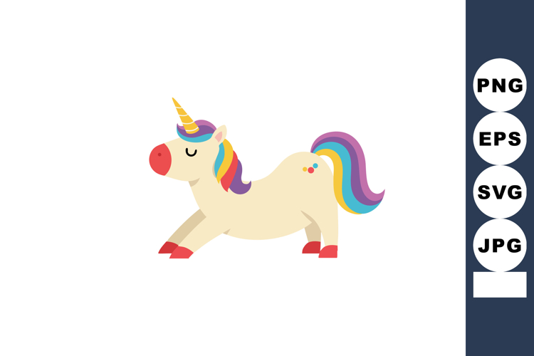 Unicorn with colorful rainbow mane and tail in playful pose