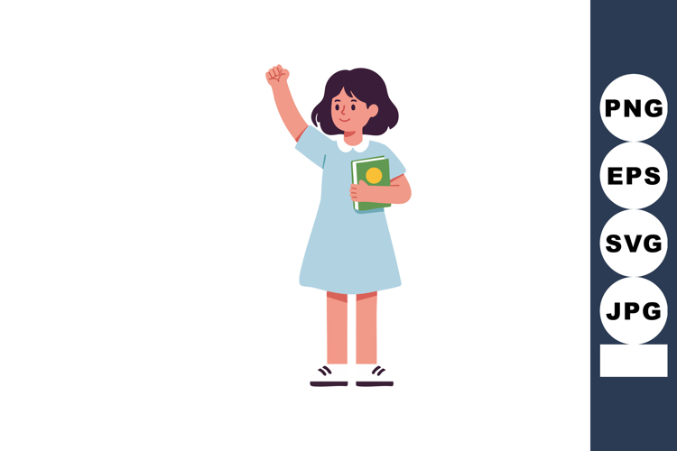 Young girl student holding book raising fist in confident po