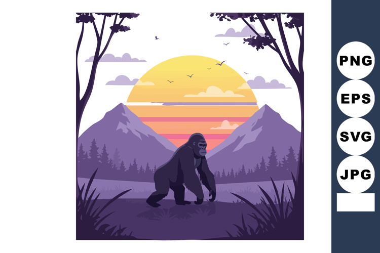 Gorilla walking in purple mountain landscape with yellow sun