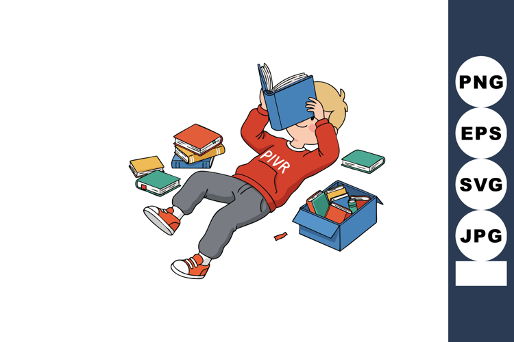 Child lying on floor reading book surrounded by scattered co