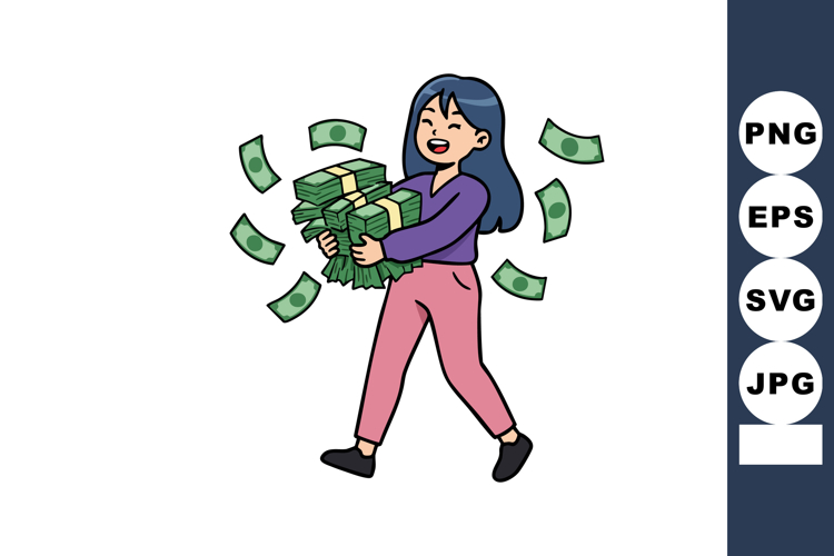 Woman Carrying Large Stack of Money Bills Happy Financial Su example image 1