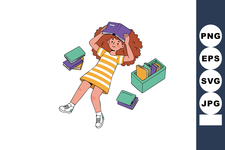 Girl lying on floor reading books with colorful stack around