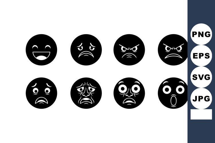 Set of eight black round emoticons expressing various emotio
