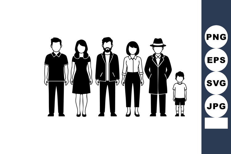 Diverse family silhouette standing together in casual and fo