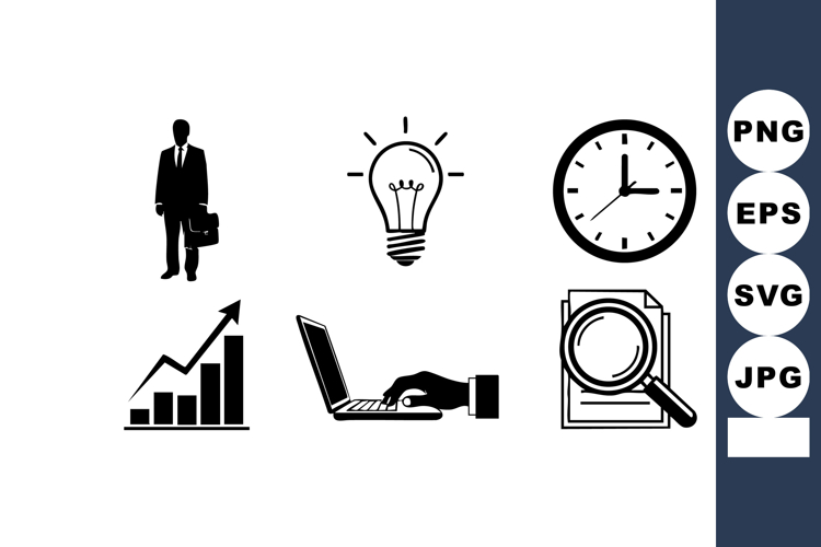 Business icons set with businessman briefcase lightbulb cloc