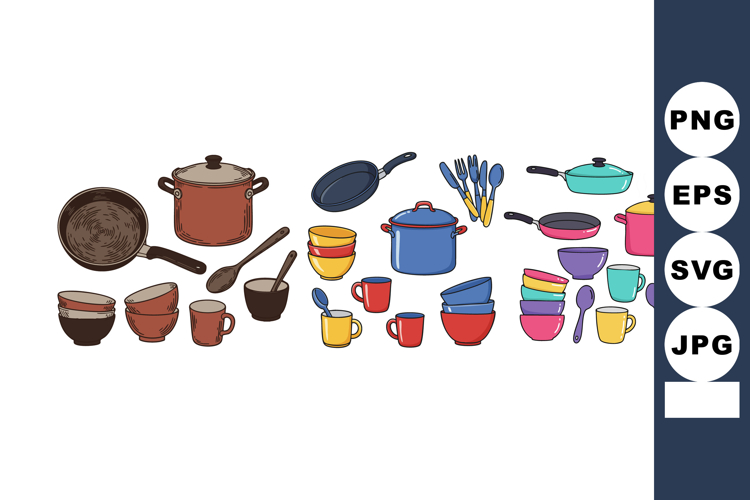 Kitchen cookware vector set with colorful pots, pans, cups,