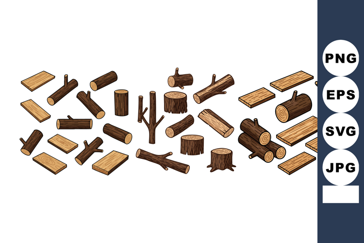 Various wood logs and tree trunks in brown tones isolated on
