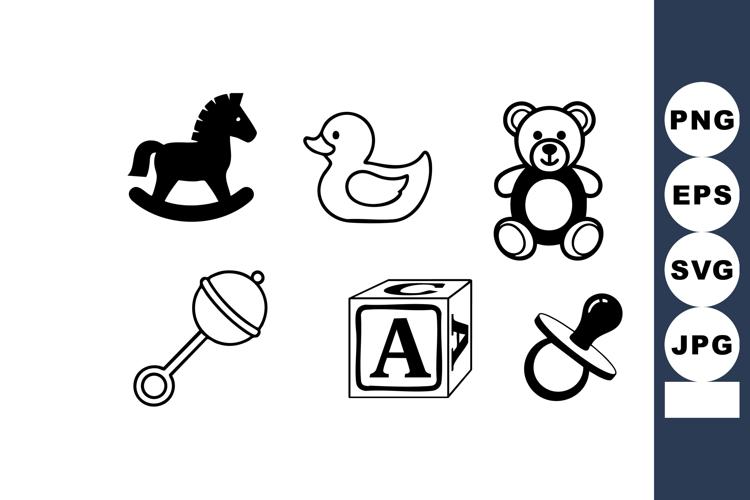 Classic baby toys collection including rocking horse rubber