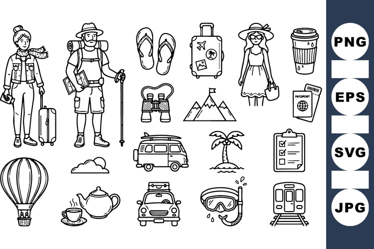 Hand Drawn Travel Adventure Icon Clipart Set Bundle