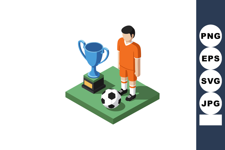 Soccer player with trophy and ball standing on green platfor