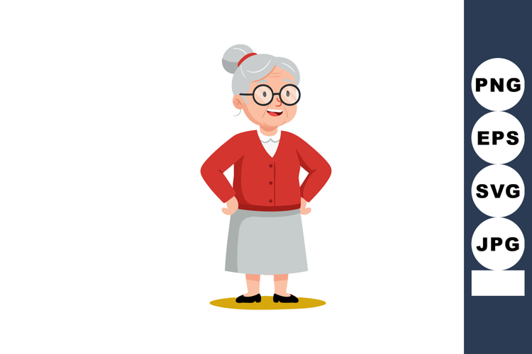 Elderly woman wearing red sweater and grey skirt smiling con
