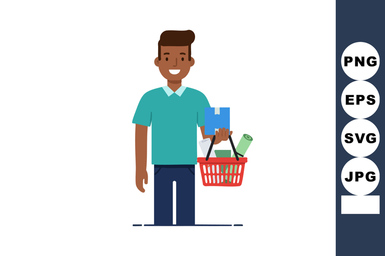 Young man holding shopping basket with groceries smiling cas example image 1