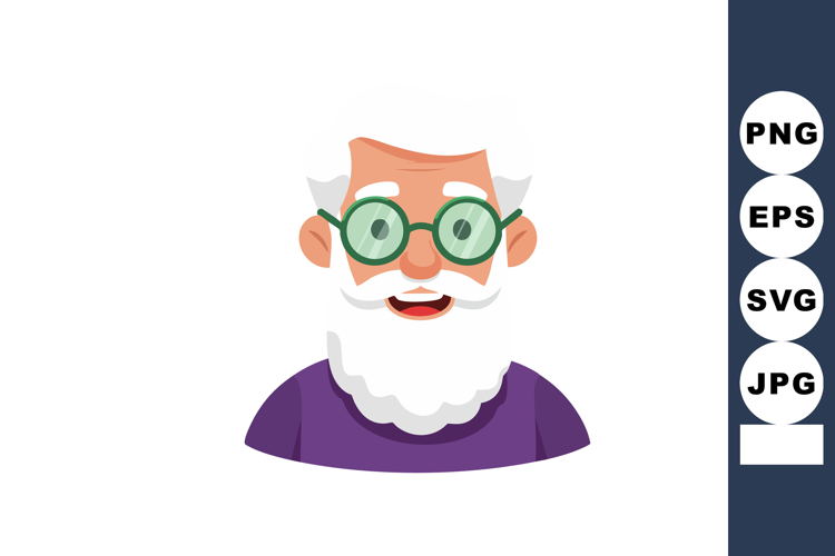 Elderly man with white beard and round glasses smiling in pu