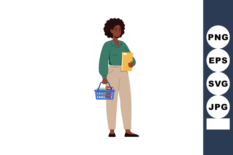 Young woman holding folder and blue shopping basket standing