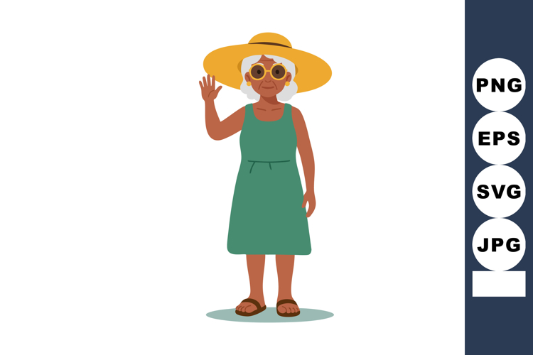 Elderly woman waving hand wearing yellow sunhat sunglasses g