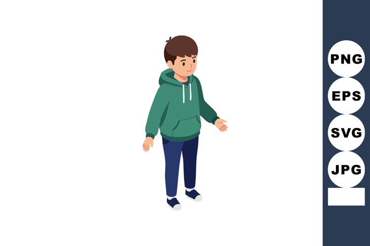 Boy in green hoodie casual outfit standing with open arms ve