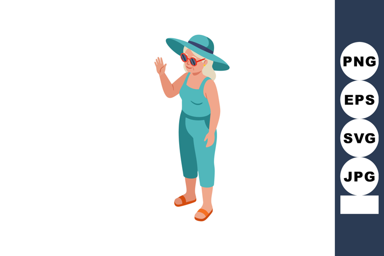 Elderly woman wearing teal summer outfit with hat and sungla example image 1