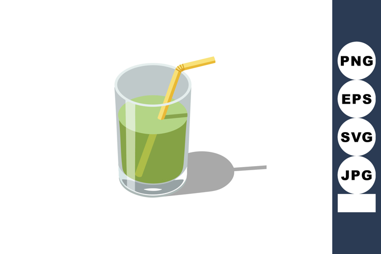 Green juice in clear glass with yellow straw and shadow on w