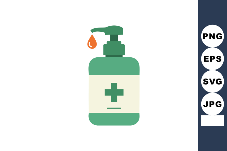 Green hand sanitizer bottle with orange droplet and medical