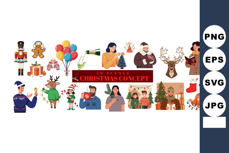 Christmas celebration scenes with people, gifts, tree, Santa