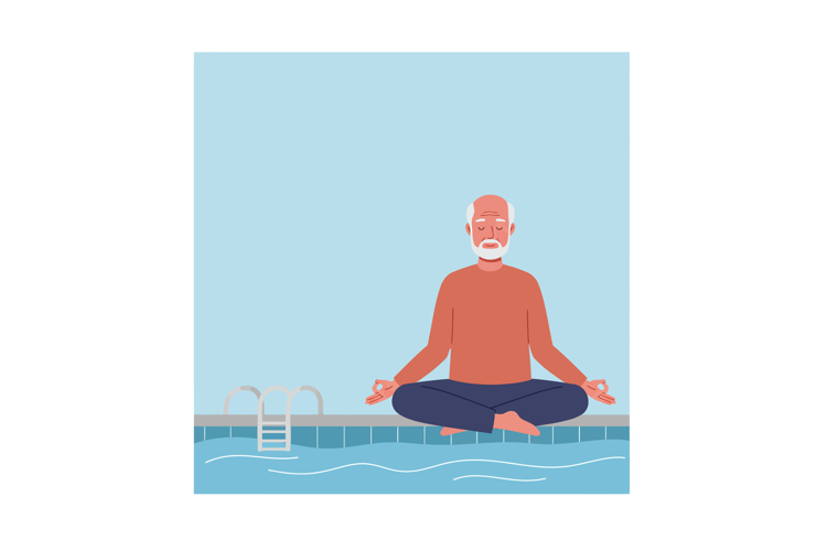 Elderly man meditating by a pool in a serene flat vector ill