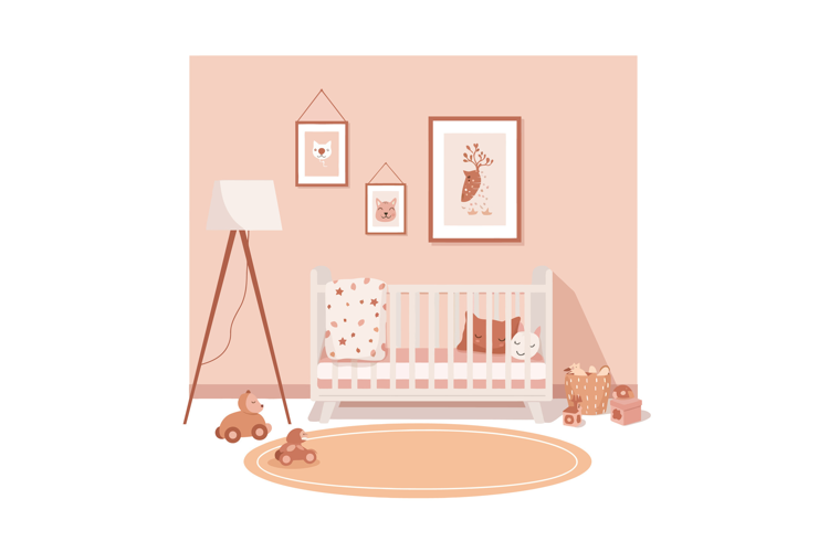 Cozy nursery setting with a crib, playful decor, and warm co
